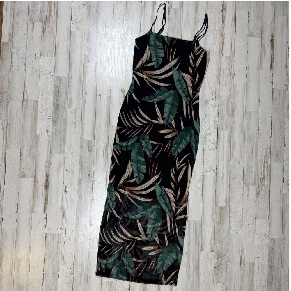NWT Feral‎ Apparel Black Tropical Leaf Print Sheer Maxi Dress Size Small